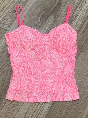 Deb Neon Pink Floral Shirred Stretchy Corset Top M Vintage 90s Mall Scene
